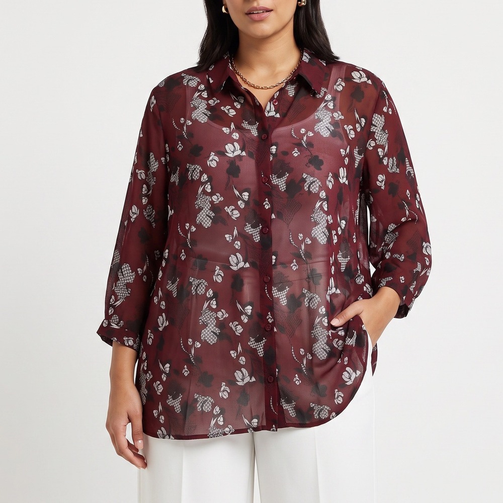 Attention Blouse Womens 2X Floral Houndstooth Burgundy Button-Down Excellent